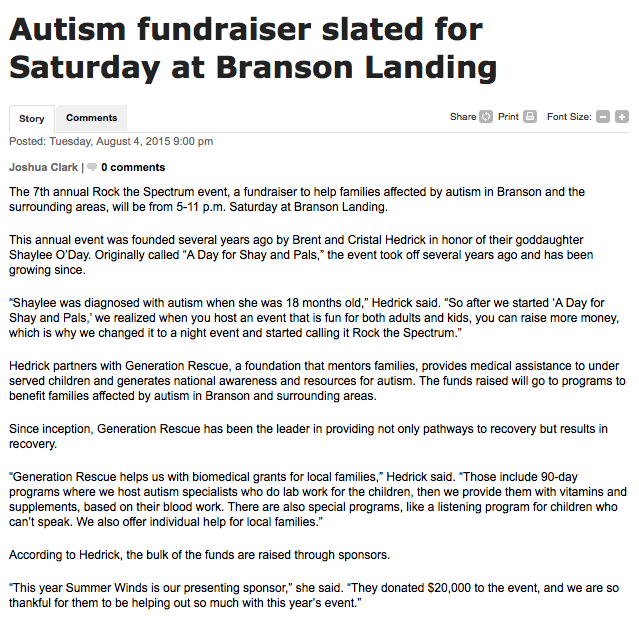 Autism fundraiser slated for Saturday at Branson Landing