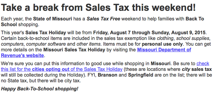 Take a break from Branson Sales Tax this weekend!
