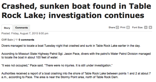Crashed, sunken boat found in Table Rock Lake