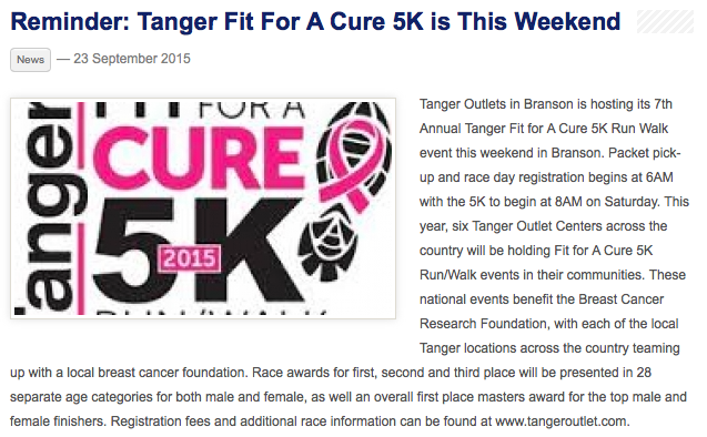 Tanger Outlets in Branson is hosting its 7th Annual Tanger Fit for A Cure 5K Run Walk