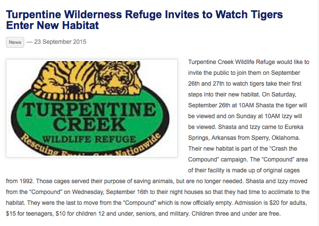 Turpentine Creek Wildlife Refuge would like to invite the public to join them