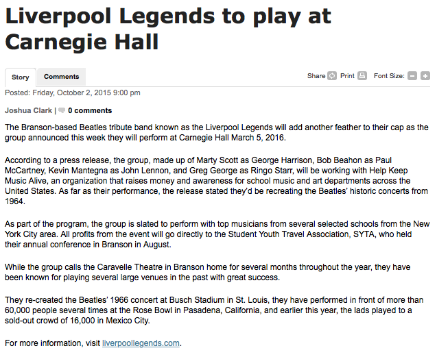 Liverpool Legends to play at Carnegie Hall