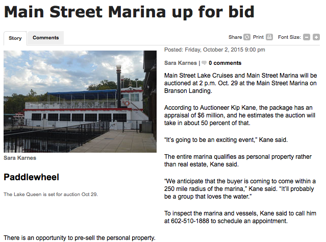 Main Street Marina up for bid