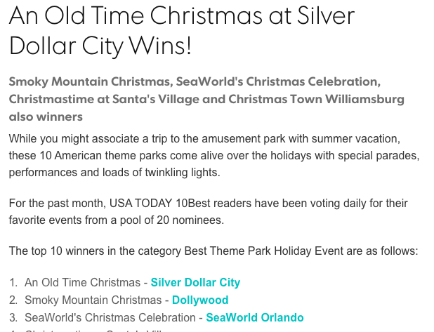 Silver Dollar City has been named the “Best Holiday Event” in the land by USA Today!